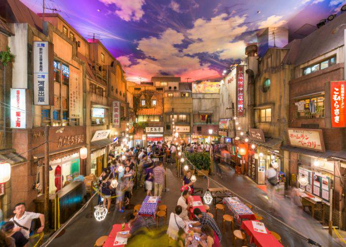 The Showa-styled food court of the Shin-Yokohama Ramen Museum, designed to look like it's outside.